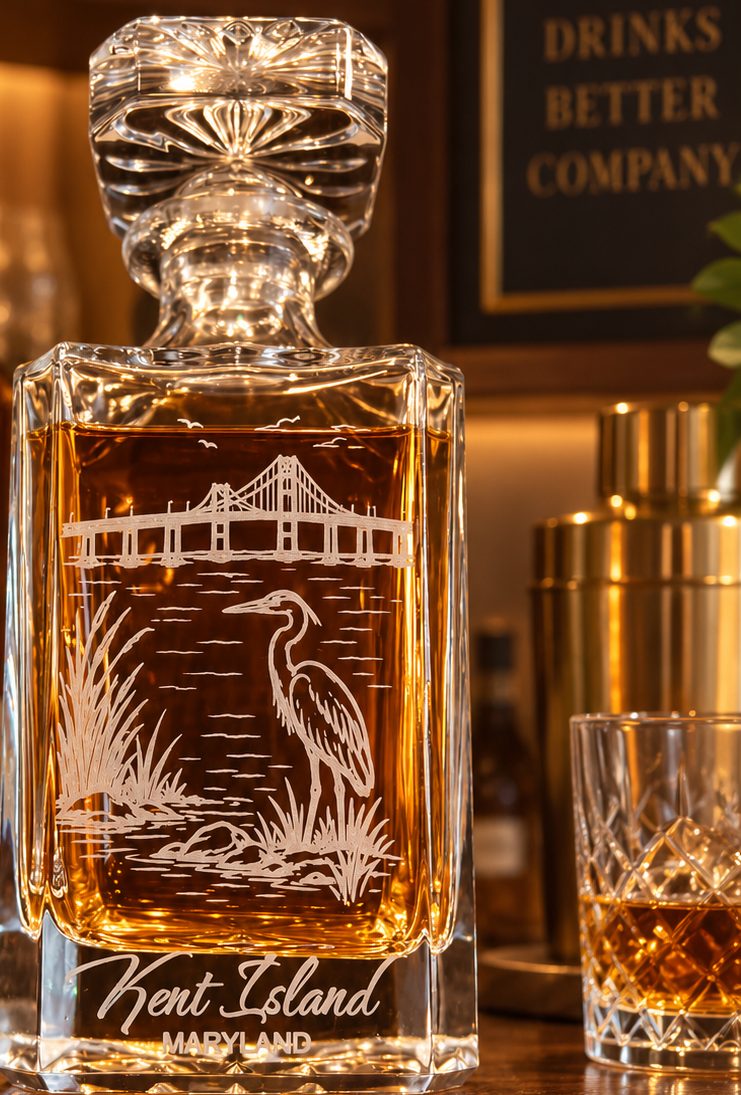 Glass decanter engraved with the Bay Bridge, a heron and Kent Island Maryland