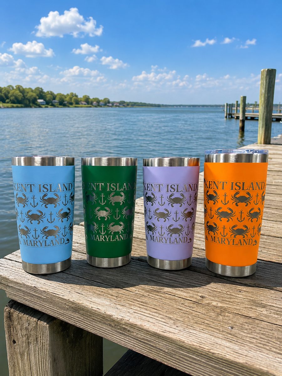 Four colored tumblers engraved with Kent Island Maryland, crabs and anchors, on a dock