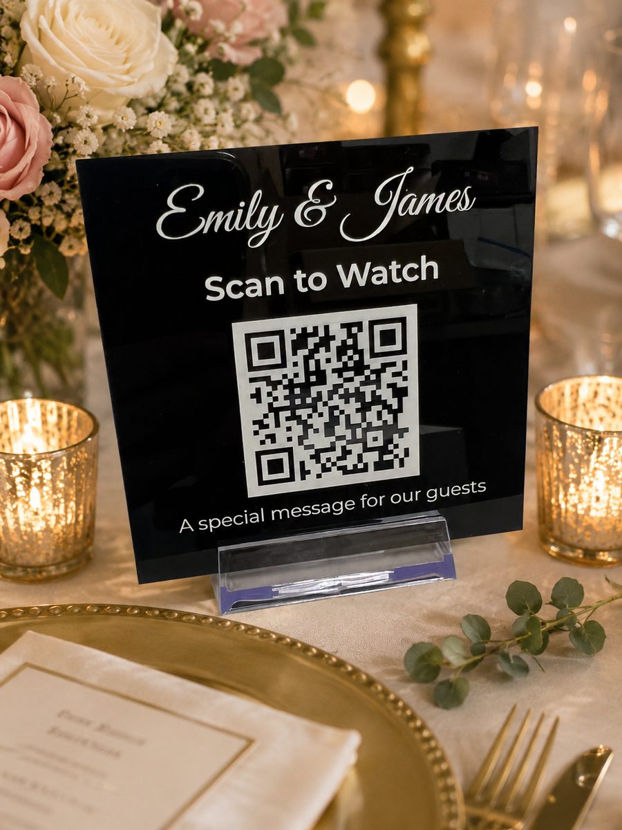 Black wedding table sign with a QR code that plays a video message from the couple