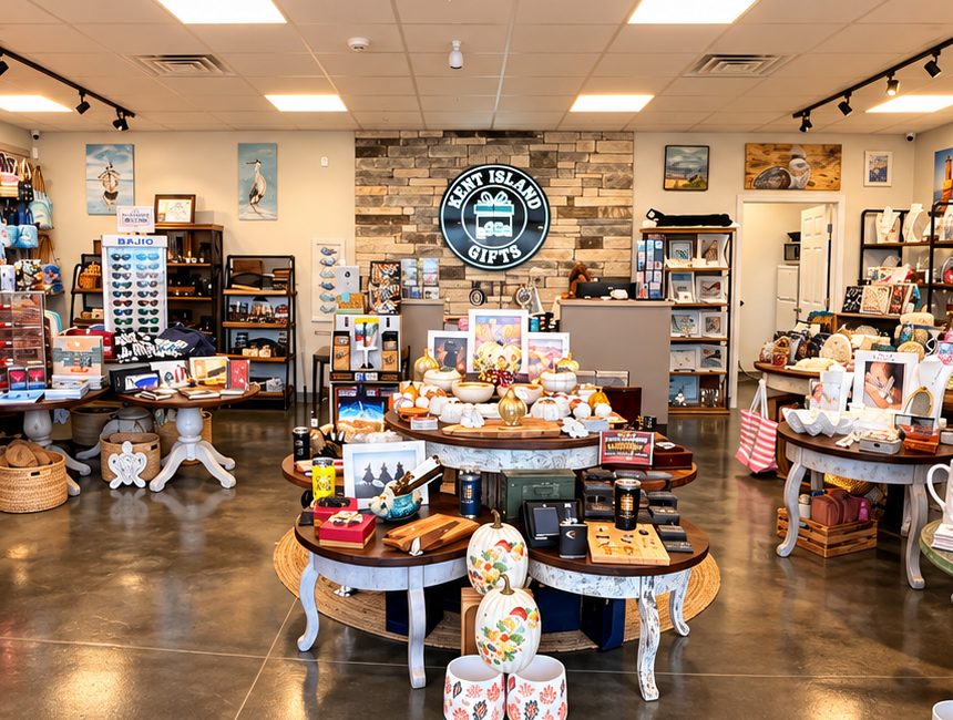 Inside the Kent Island Gifts shop, with gift tables, apparel and the shop sign on a stone wall