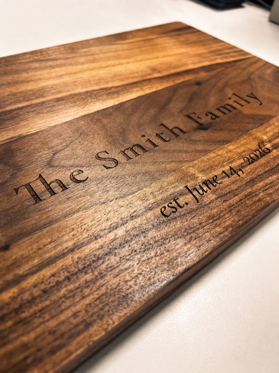 Walnut cutting board engraved with The Smith Family, est. June 14, 2026