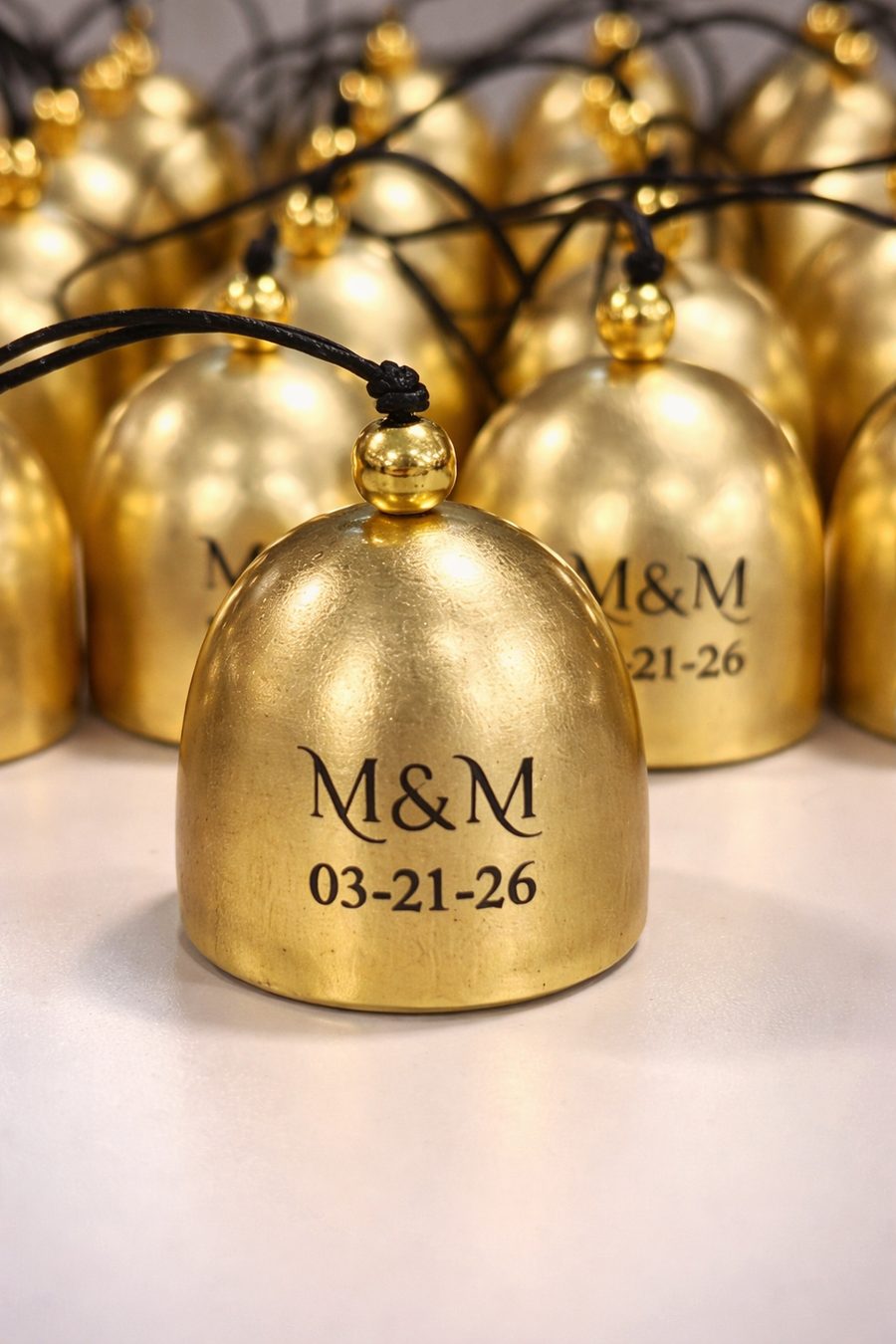 Gold bells engraved with M and M and a wedding date